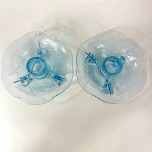 Fostoria Glass Versailles Azure Blue 3-Toed Candle Holders Set Of 2